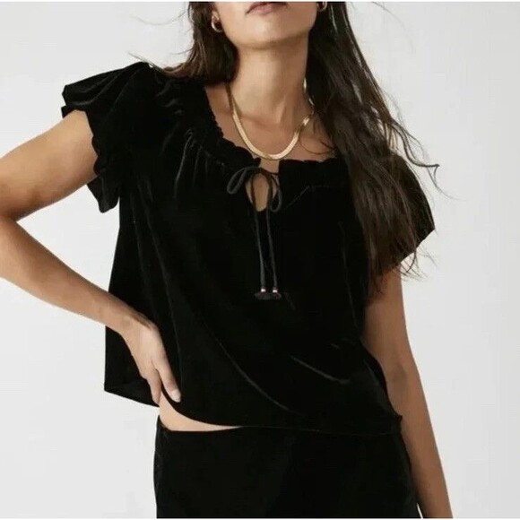 Free People Tops - Free People NEW XS Terese Top Black Velvet Cropped Tie Smocked Neck Short Sleeve